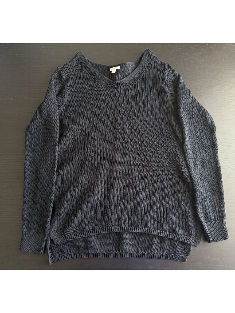 BP Nordstrom Black V-Neck Knit Sweater Womens M 100% Cotton Ribbed High Low Hem